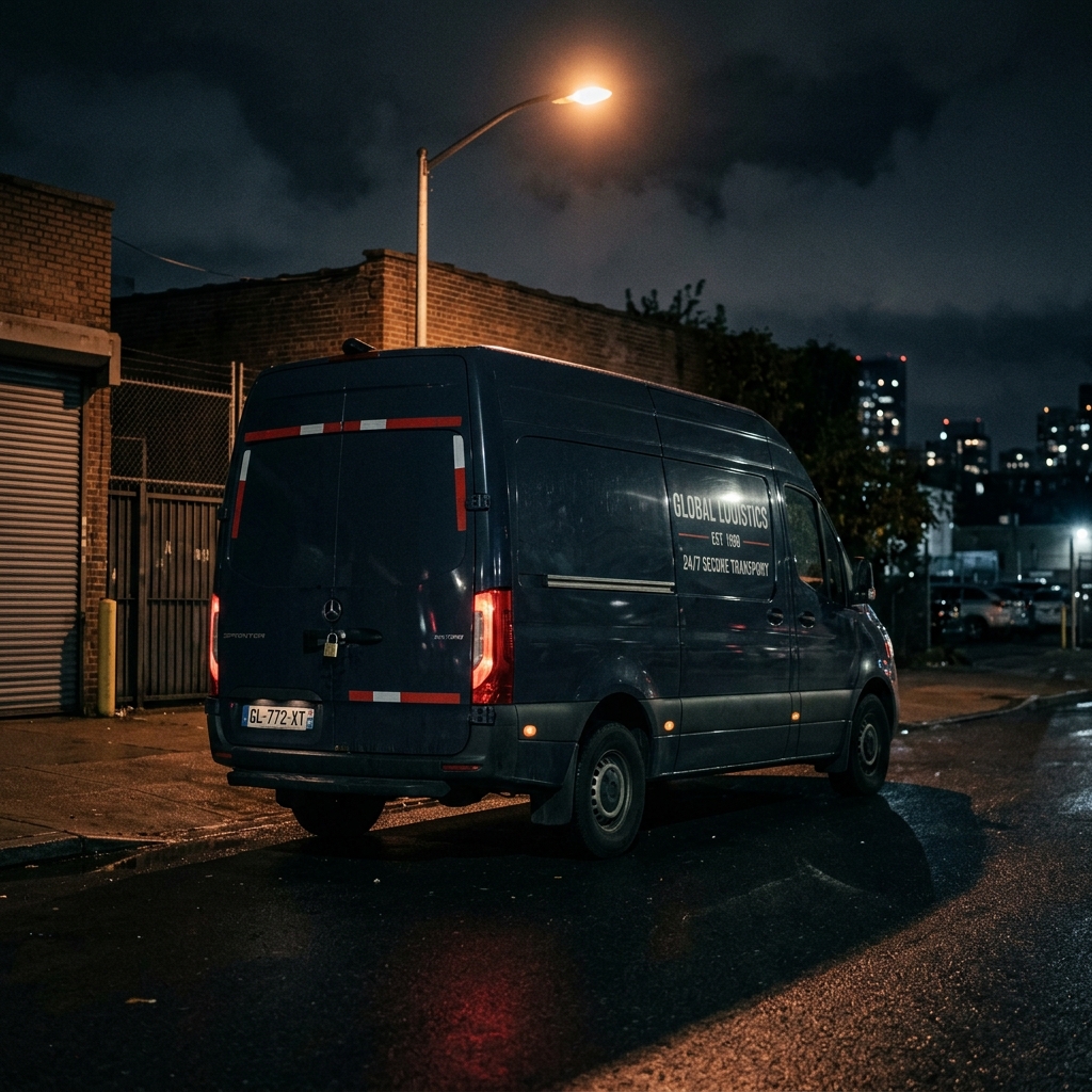 Secure commercial van parked at night